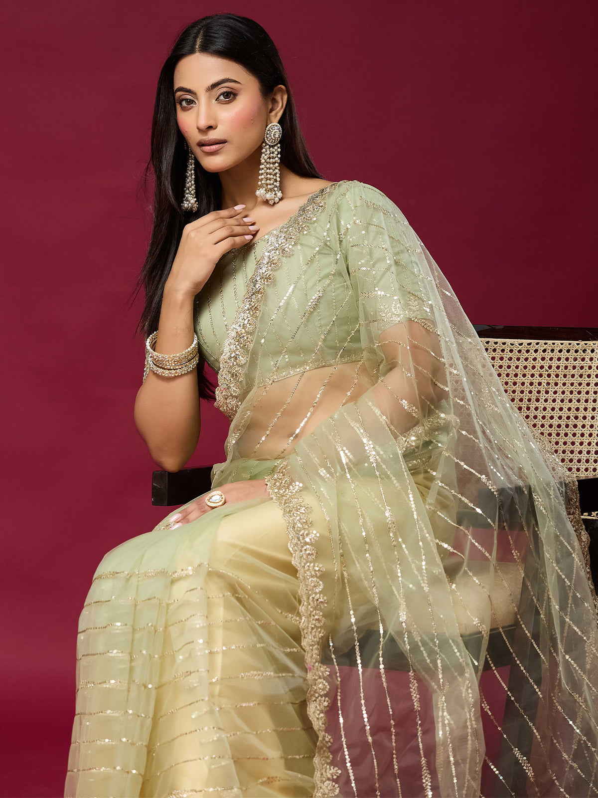 Women's Net Saree With Unstitched Blouse Piece