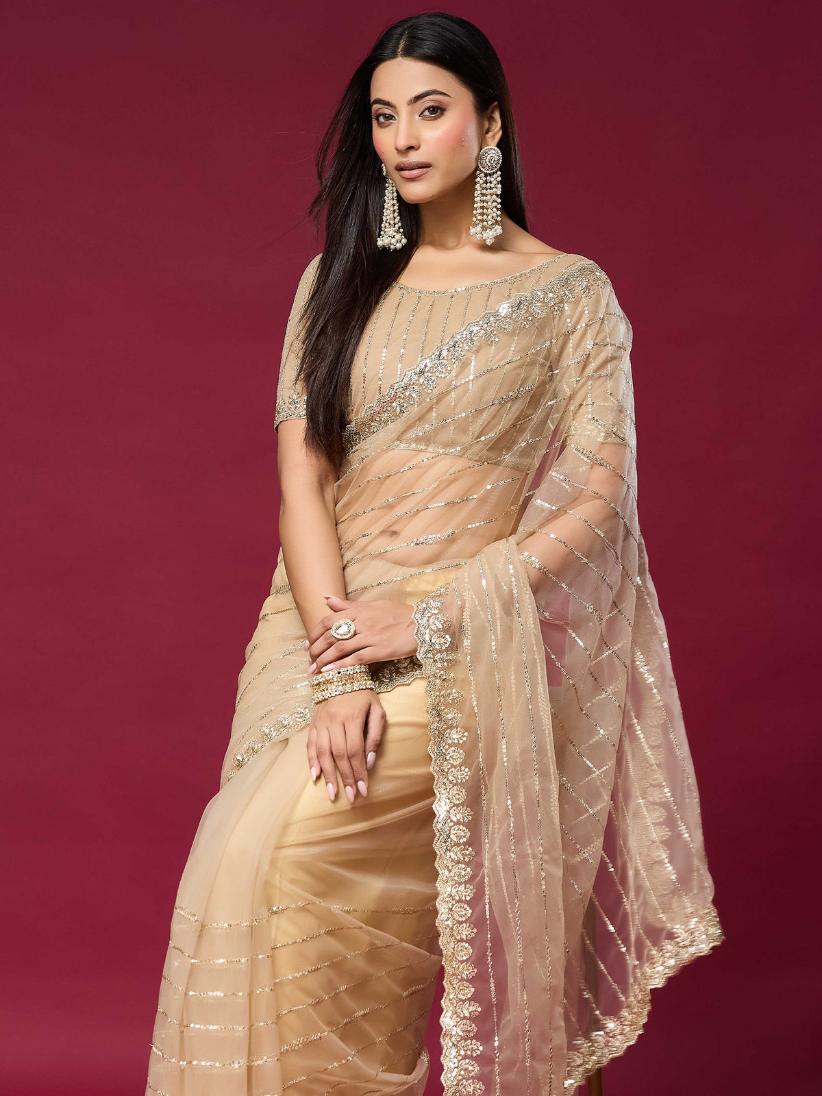 Women's Net Saree With Unstitched Blouse Piece