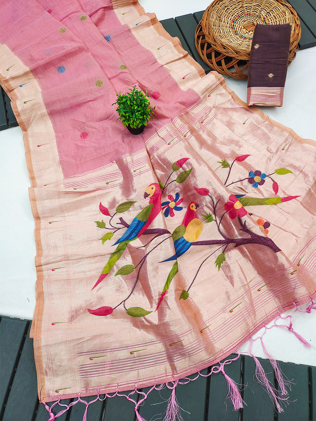 Women's Cotton Paithani Saree With Unstitched Blouse Piece
