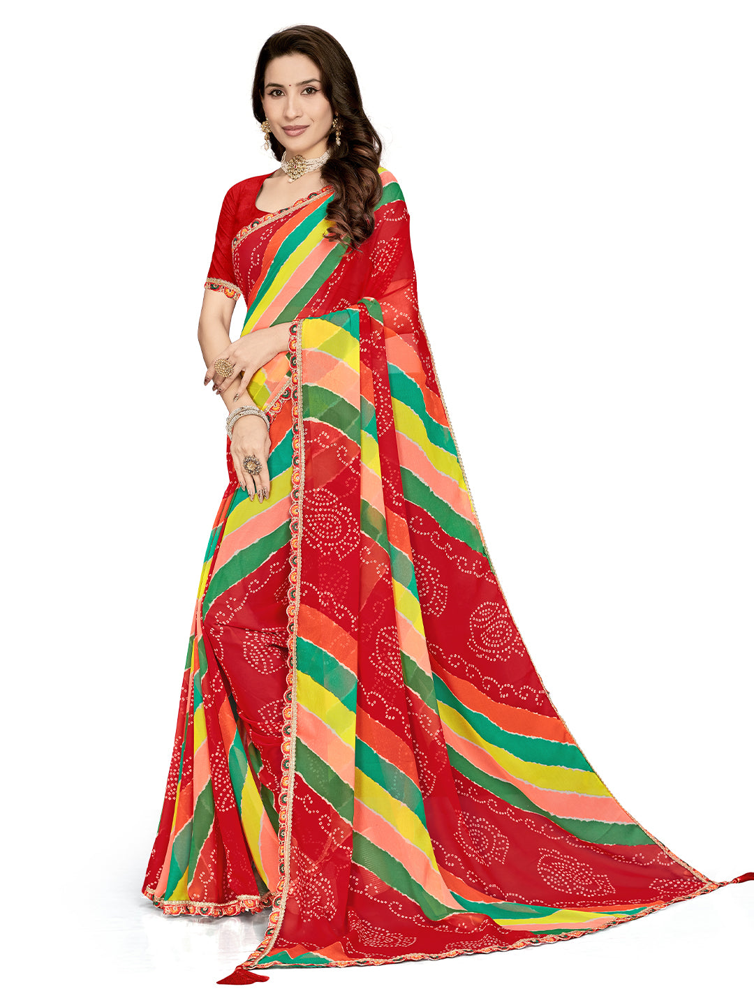 Women's Georgette Leheriya Saree With Unstitched Blouse Piece