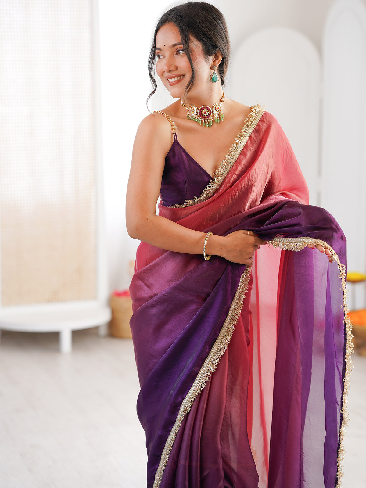 Women's Fendy Satin Saree With Unstitched Blouse Piece
