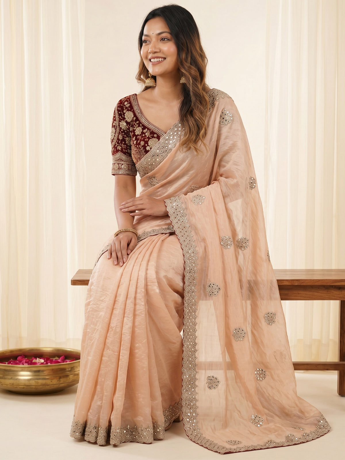 Women's Fendy Satin Saree With Stitched Blouse Piece