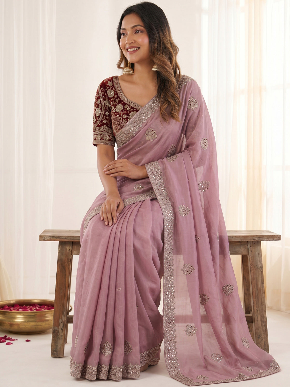 Women's Fendy Satin Saree With Stitched Blouse Piece