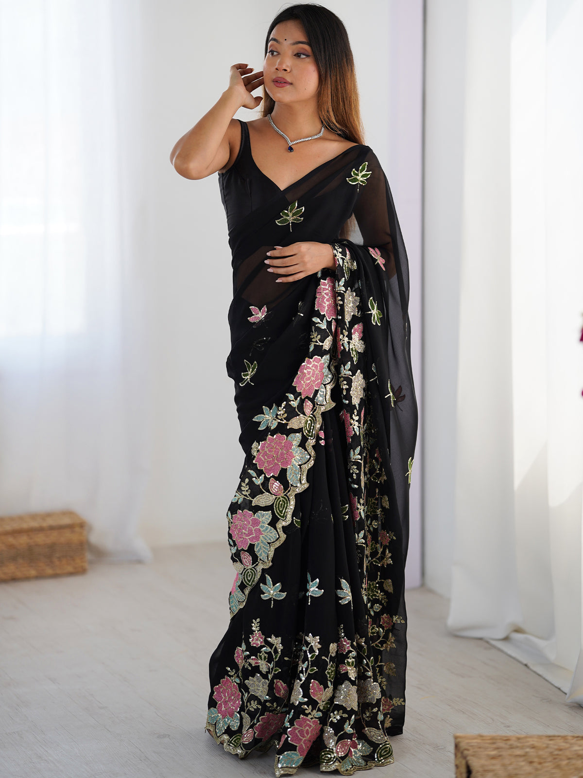 Women's Georgette Sequence Work Saree With Unstitched Blouse Piece