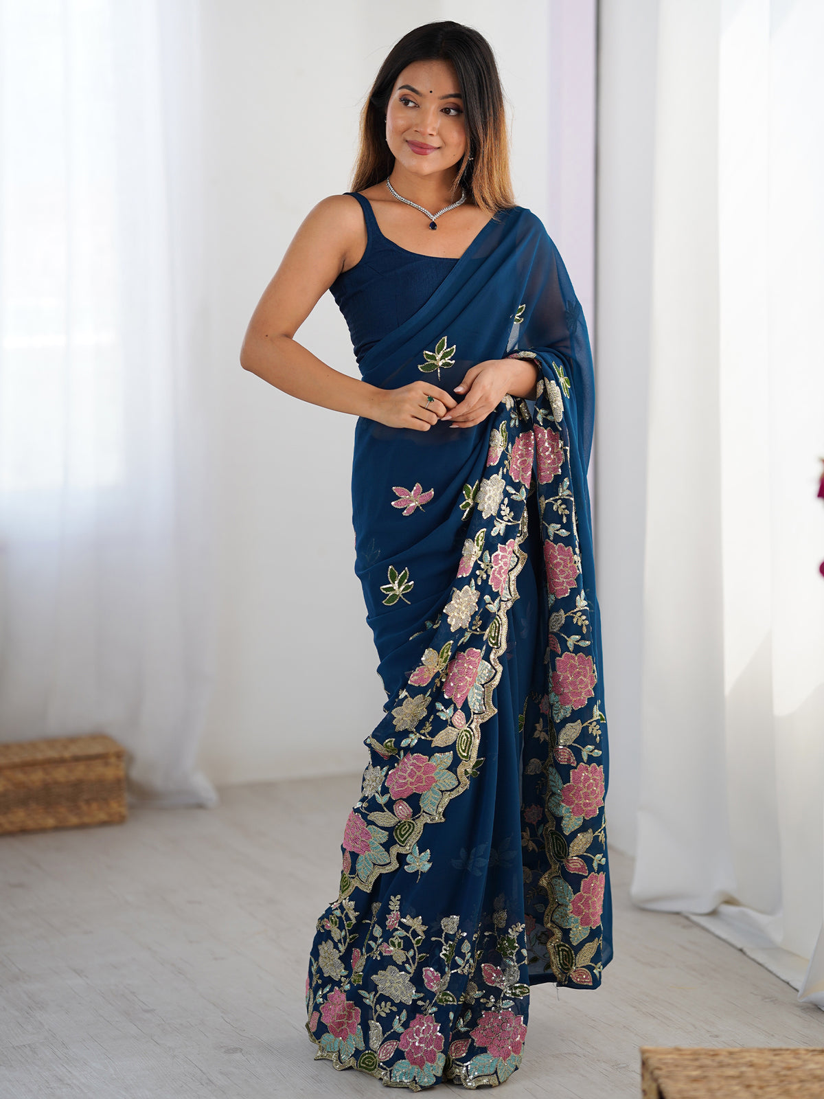 Women's Georgette Sequence Work Saree With Unstitched Blouse Piece