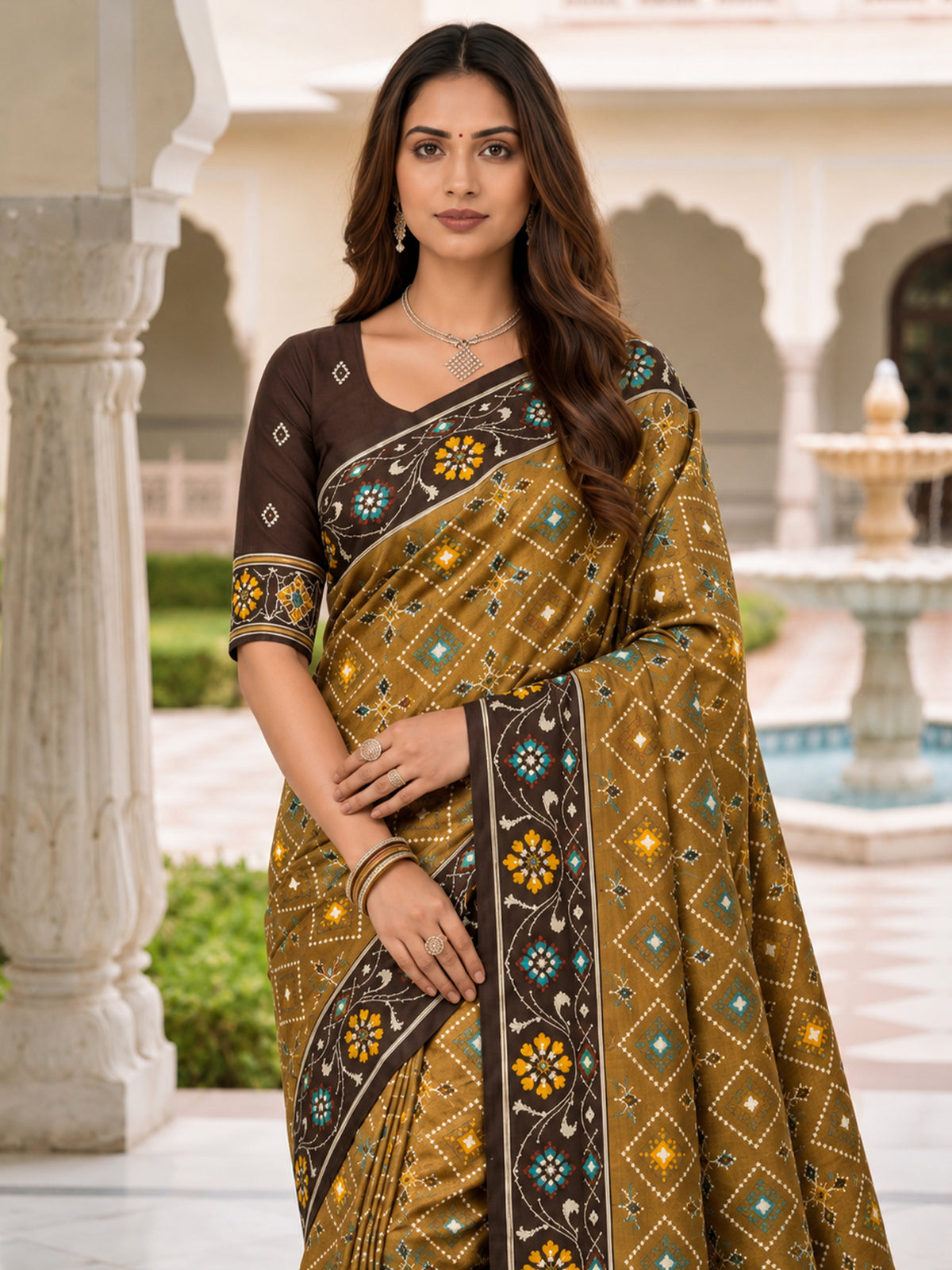 Women's Patola Silk Saree With Unstitched Blouse Piece