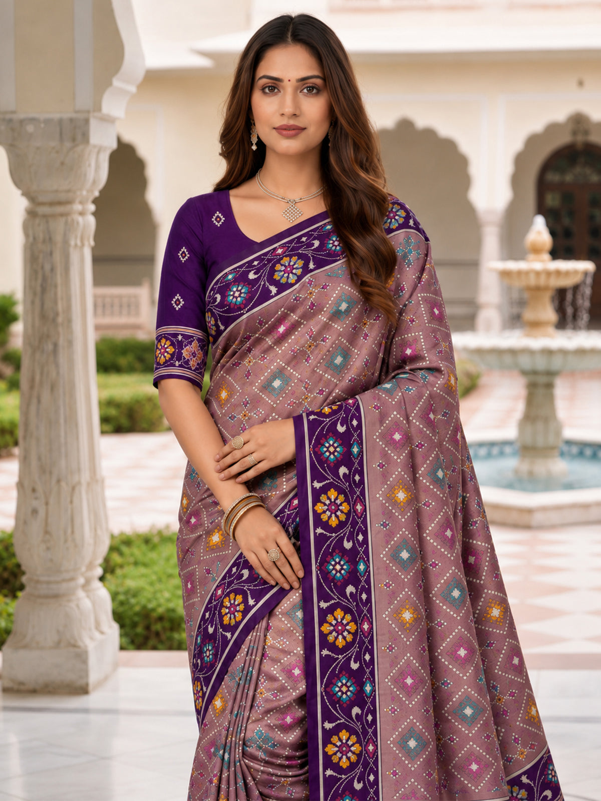 Women's Patola Silk Saree With Unstitched Blouse Piece
