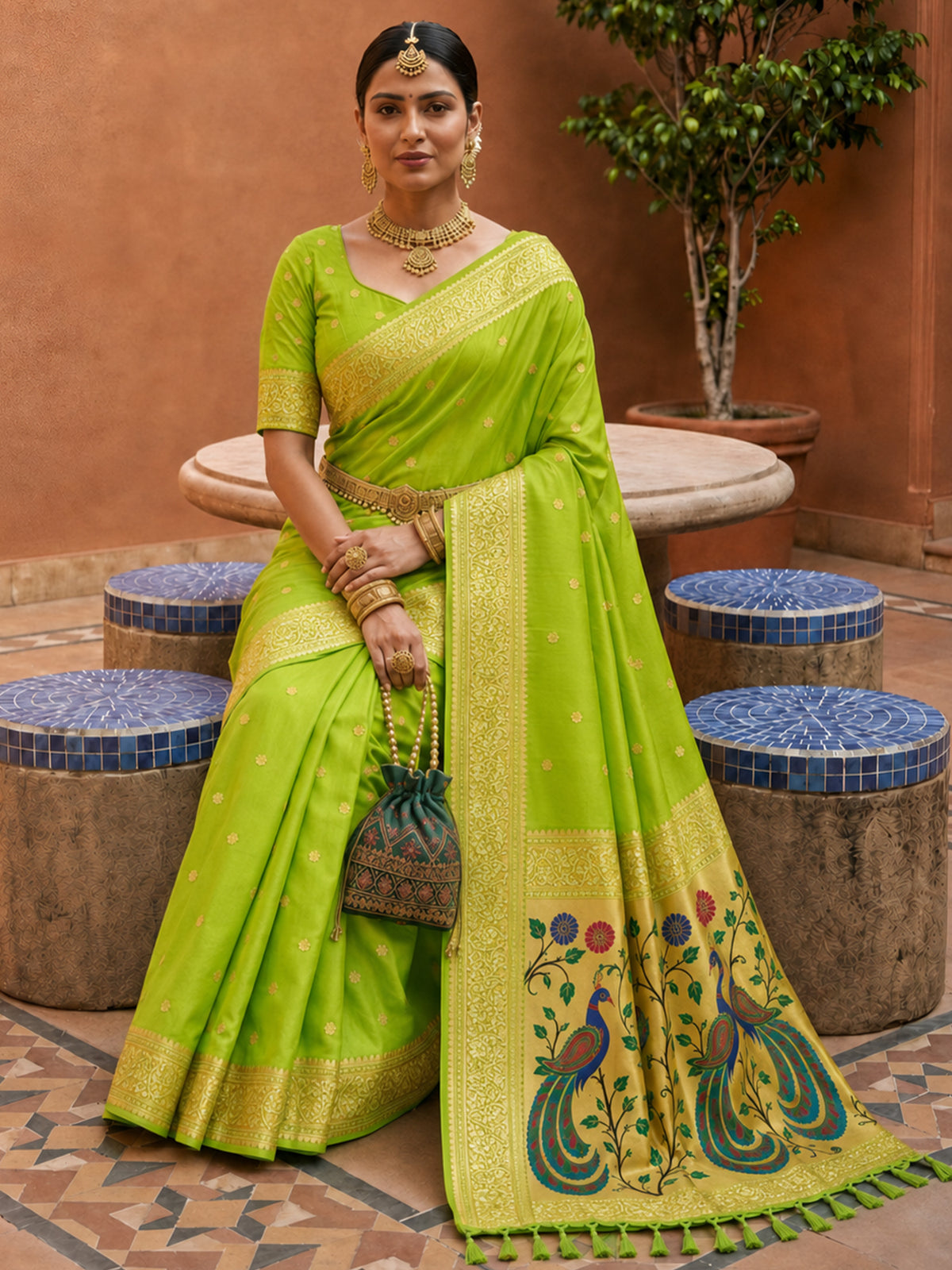 Women's Paithani Silk Saree With Unstitched Blouse Piece