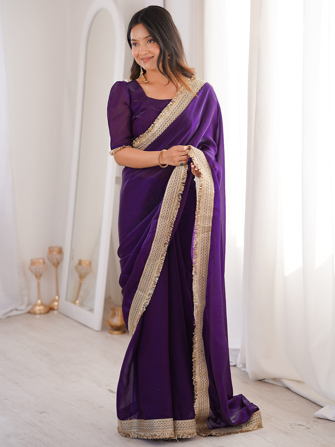 Women's Fendy Satin Party Wear Saree With Unstitched Blouse Piece