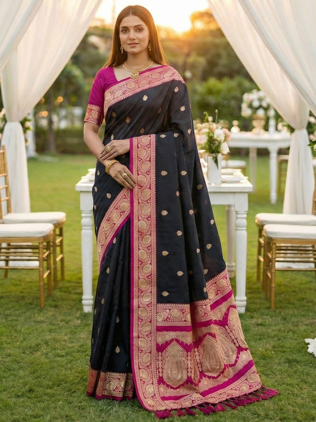 Women's Banarasi Silk Saree With Unstitched Blouse Piece