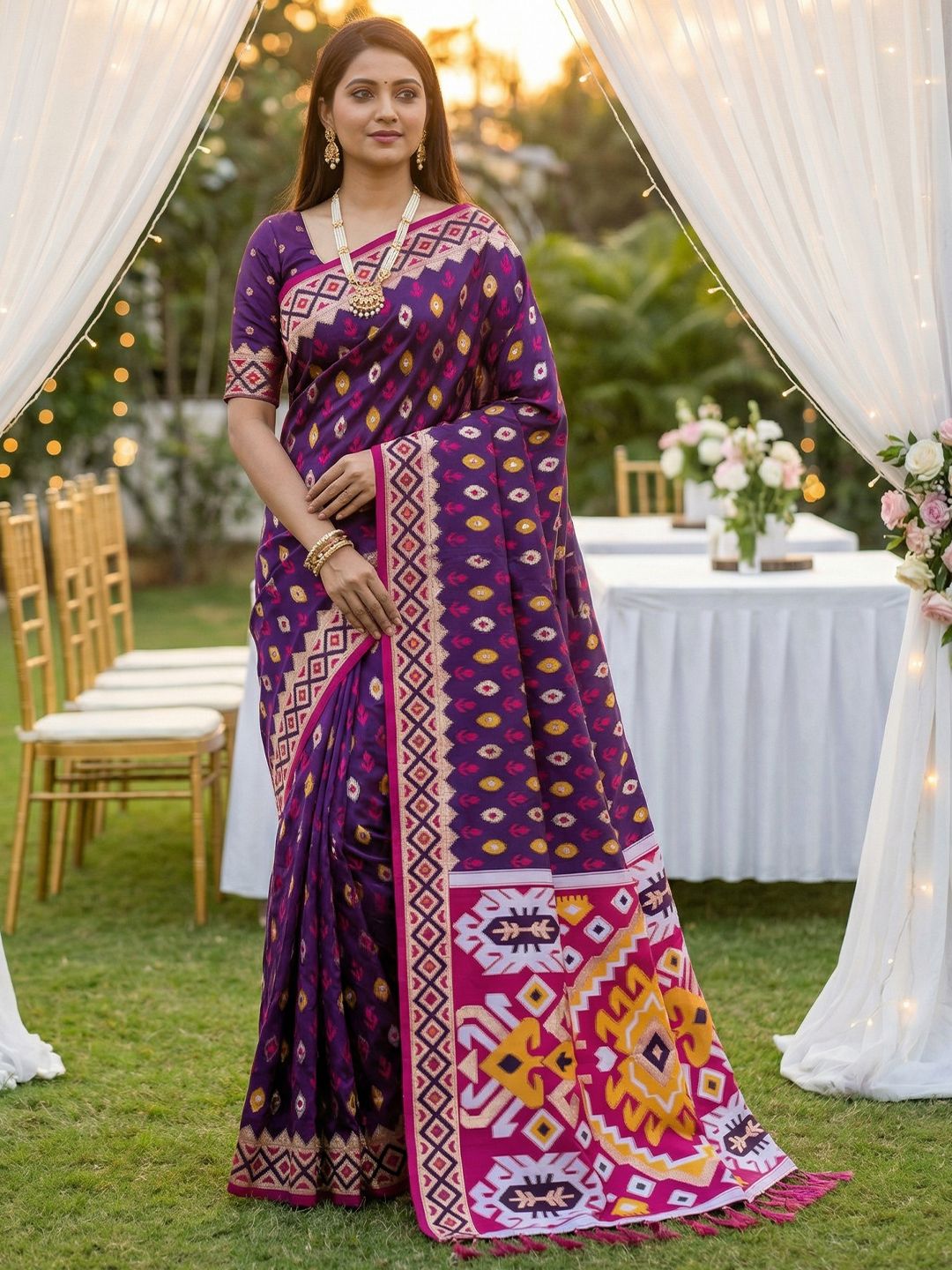 Women's Ikkat Patola Saree With Unstitched Blouse Piece
