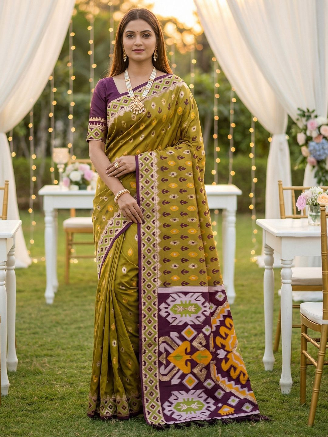 Women's Ikkat Patola Saree With Unstitched Blouse Piece