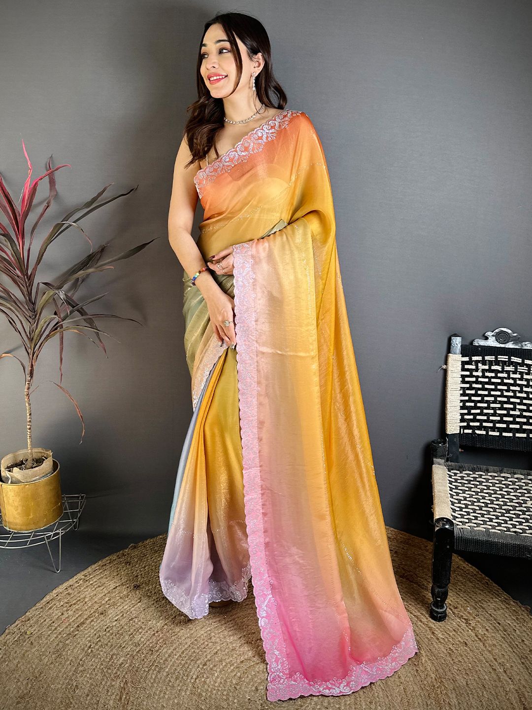 Women's Fendy Satin Party Wear Saree With Unstitched Blouse Piece