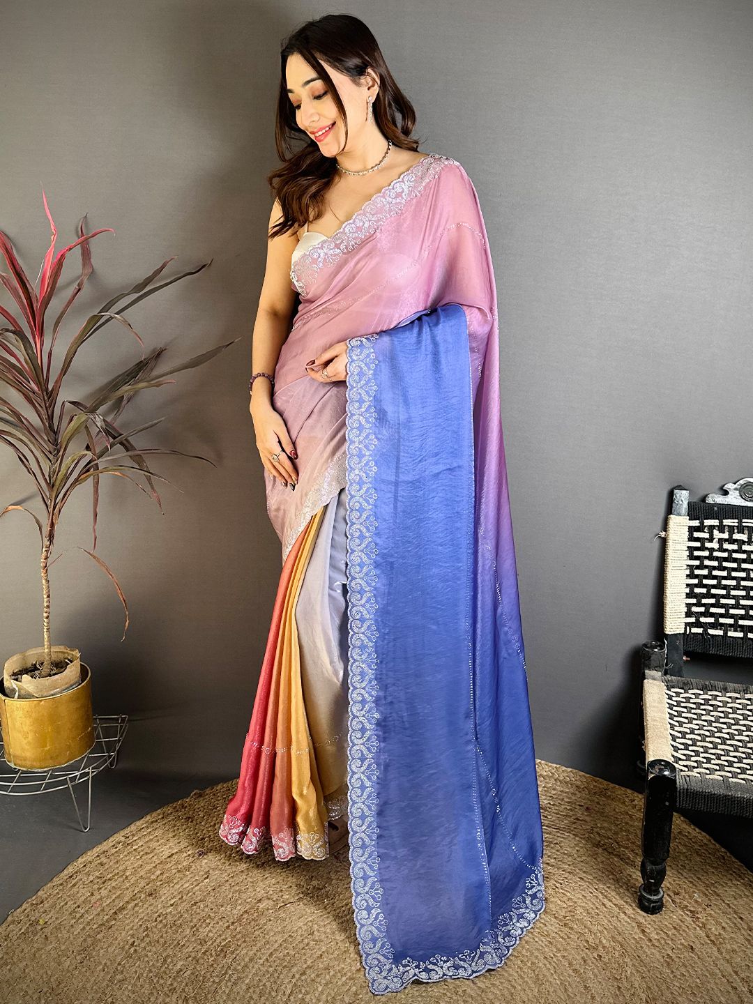Women's Fendy Satin Party Wear Saree With Unstitched Blouse Piece