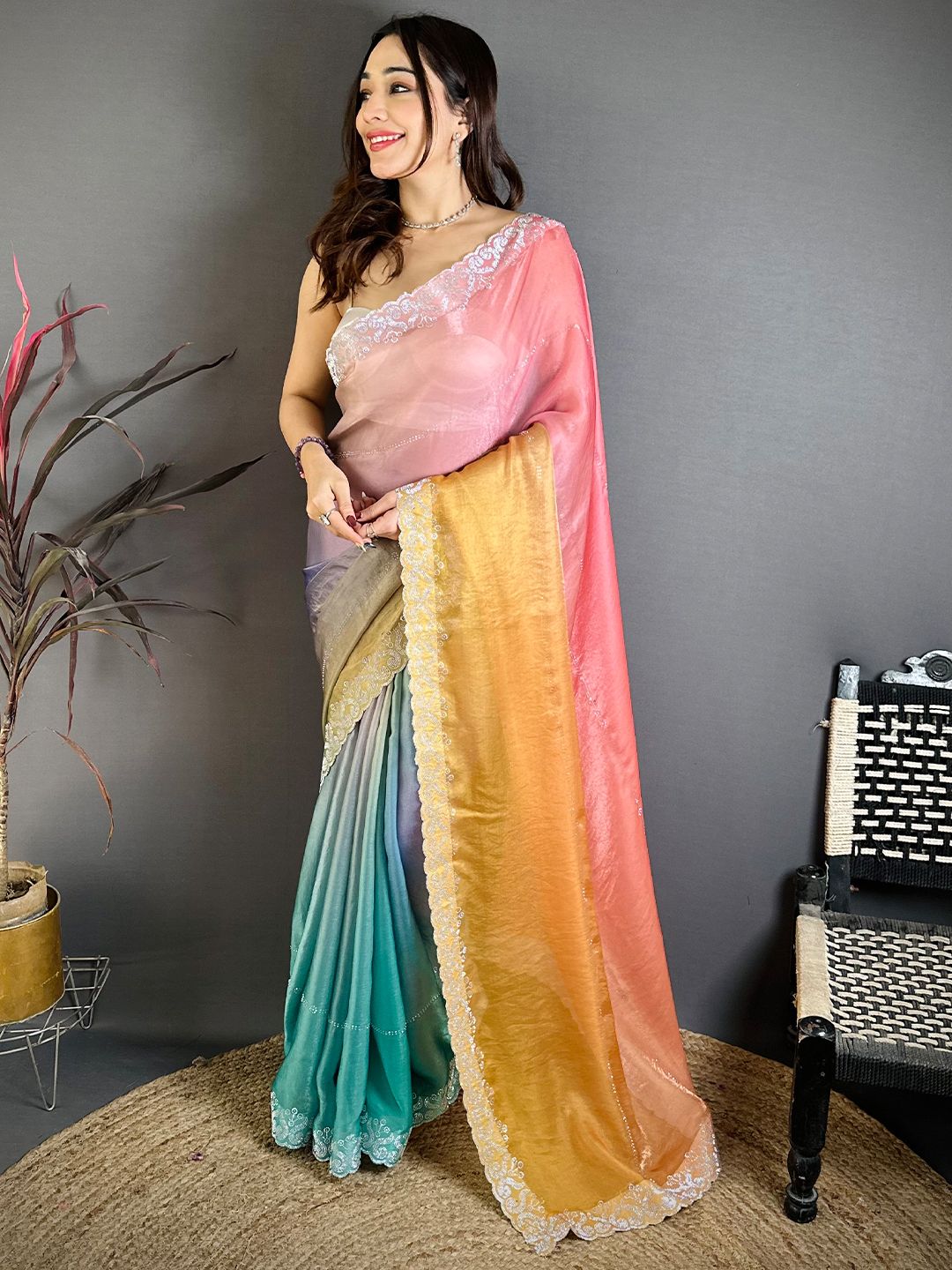 Women's Fendy Satin Party Wear Saree With Unstitched Blouse Piece