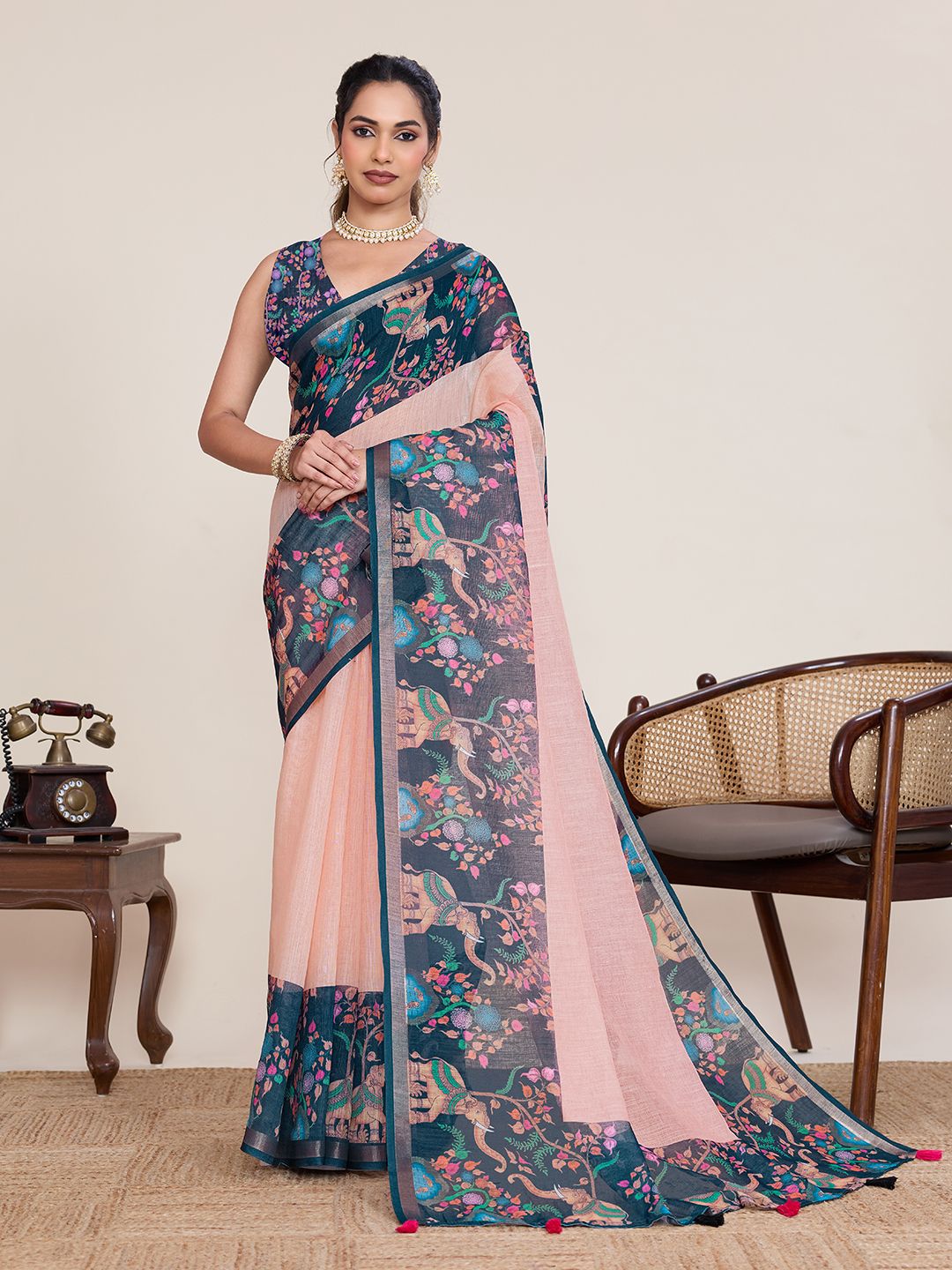 Women's Linen Saree With Unstitched Blouse Piece