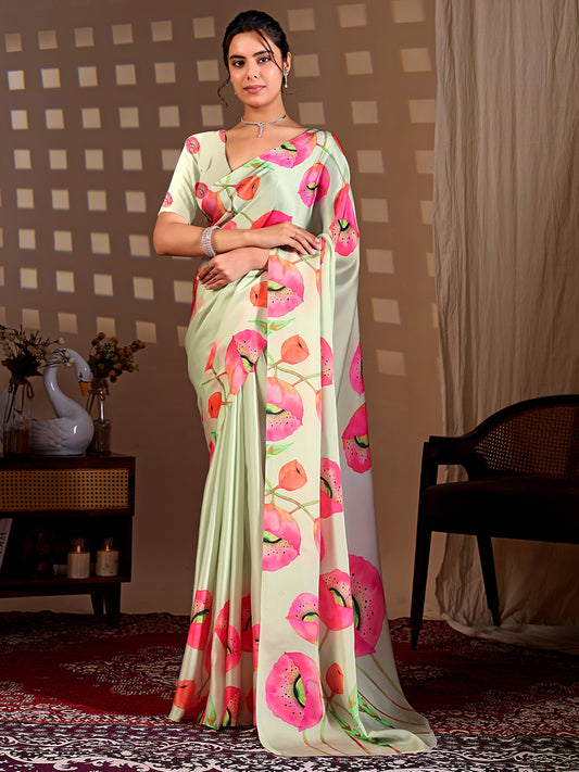 Women's Satin Georgette Saree With Unstitched Blouse Piece