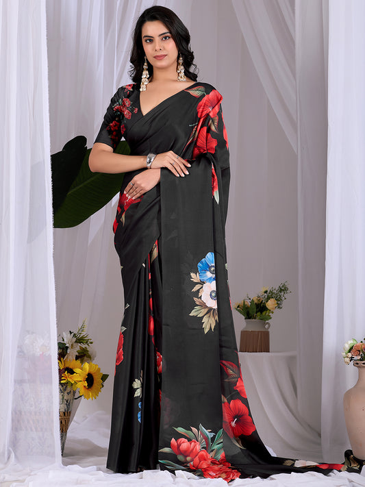 Women's Satin Georgette Saree With Unstitched Blouse Piece
