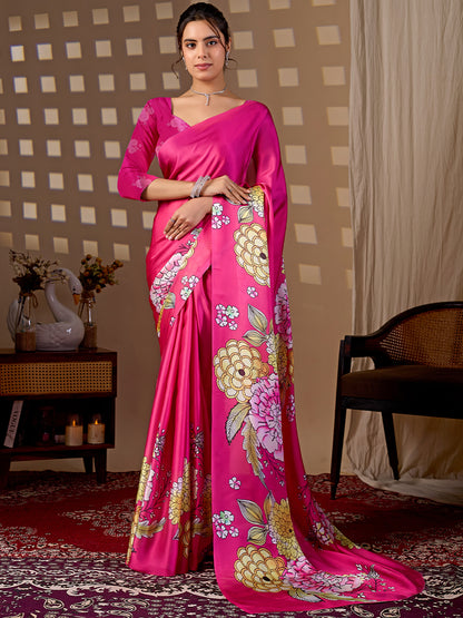 Women's Satin Georgette Saree With Unstitched Blouse Piece
