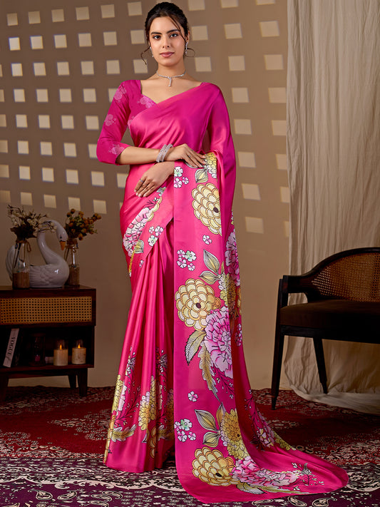 Women's Satin Georgette Saree With Unstitched Blouse Piece