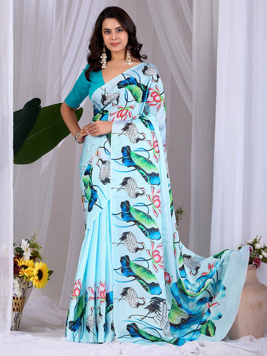 Women's Satin Georgette Saree With Unstitched Blouse Piece