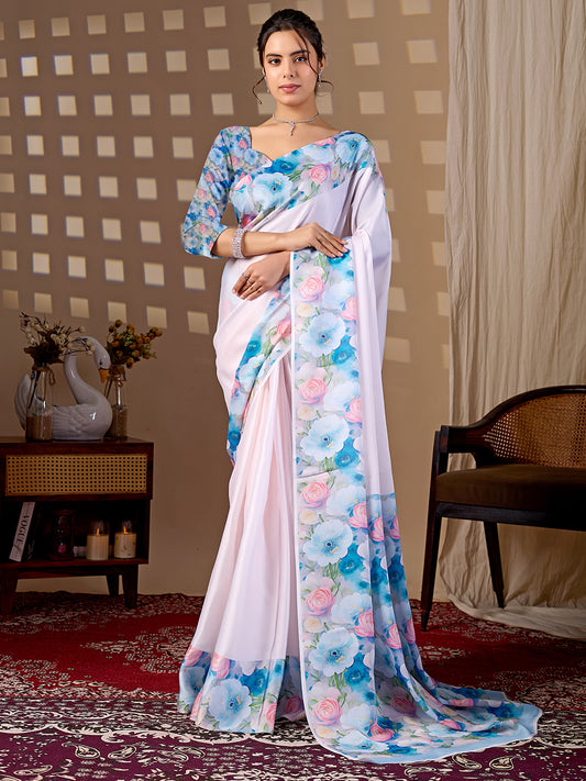 Women's Satin Georgette Saree With Unstitched Blouse Piece