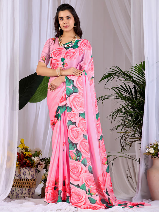 Women's Satin Georgette Saree With Unstitched Blouse Piece