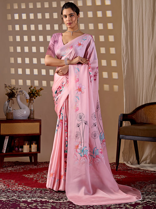 Women's Satin Georgette Saree With Unstitched Blouse Piece