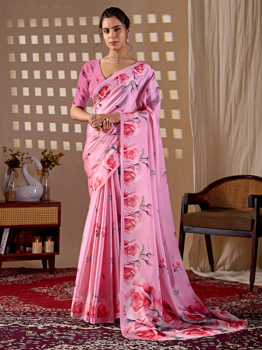 Women's Satin Georgette Saree With Unstitched Blouse Piece
