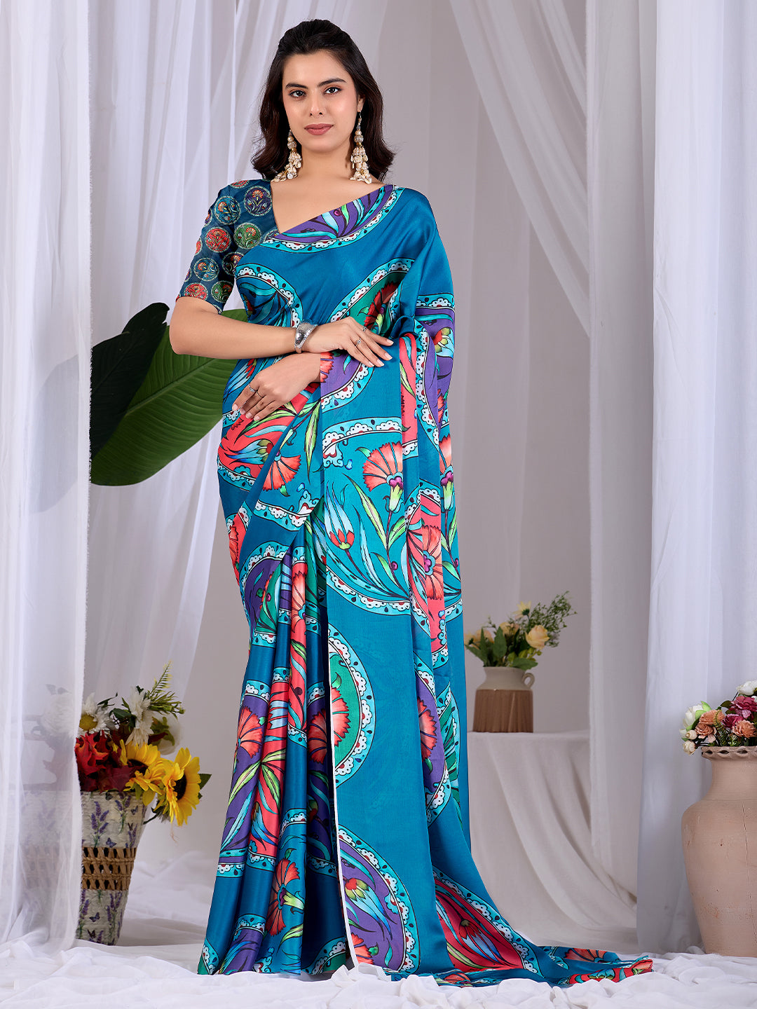 Women's Satin Georgette Saree With Unstitched Blouse Piece