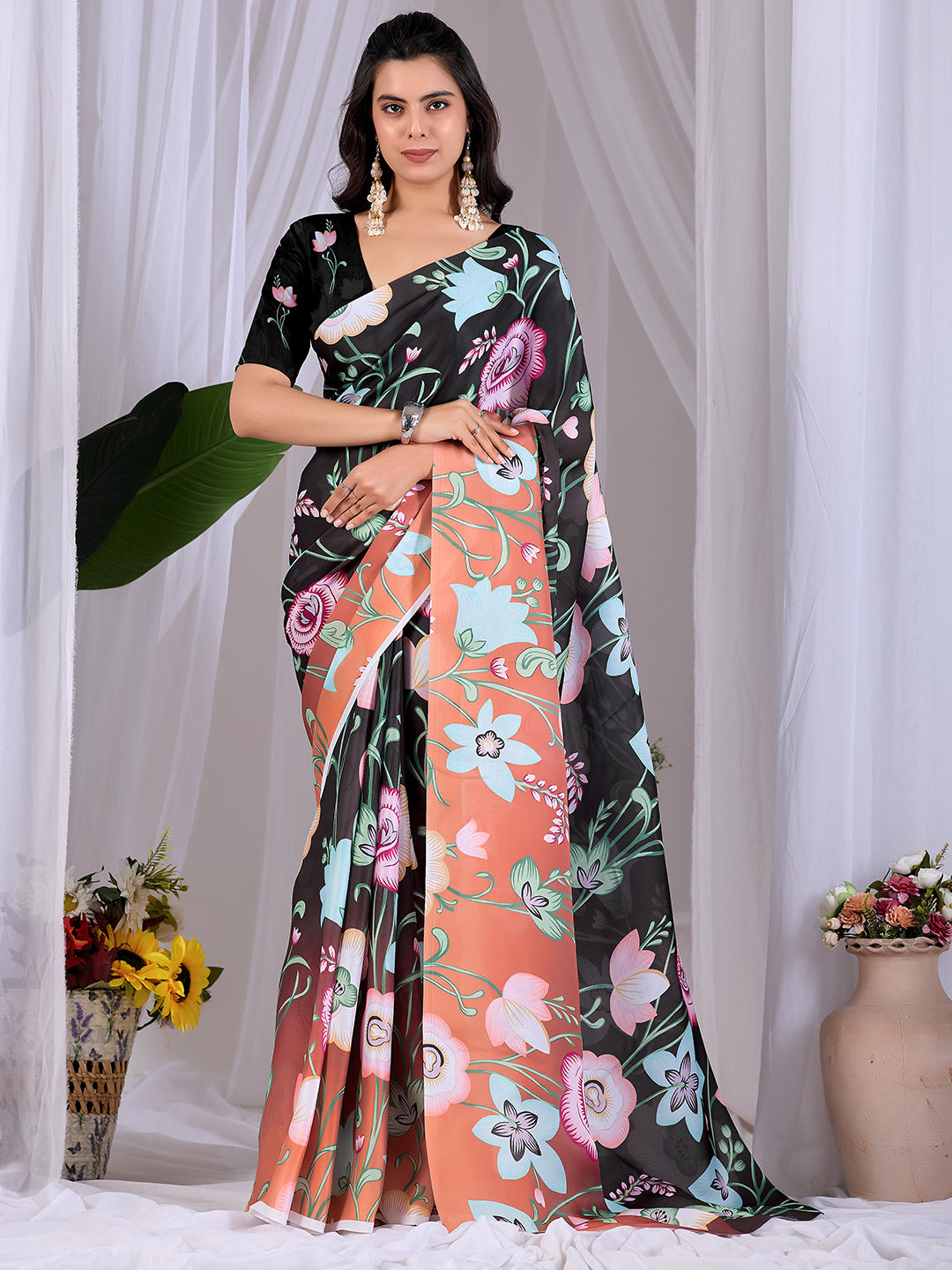 Women's Satin Georgette Saree With Unstitched Blouse Piece
