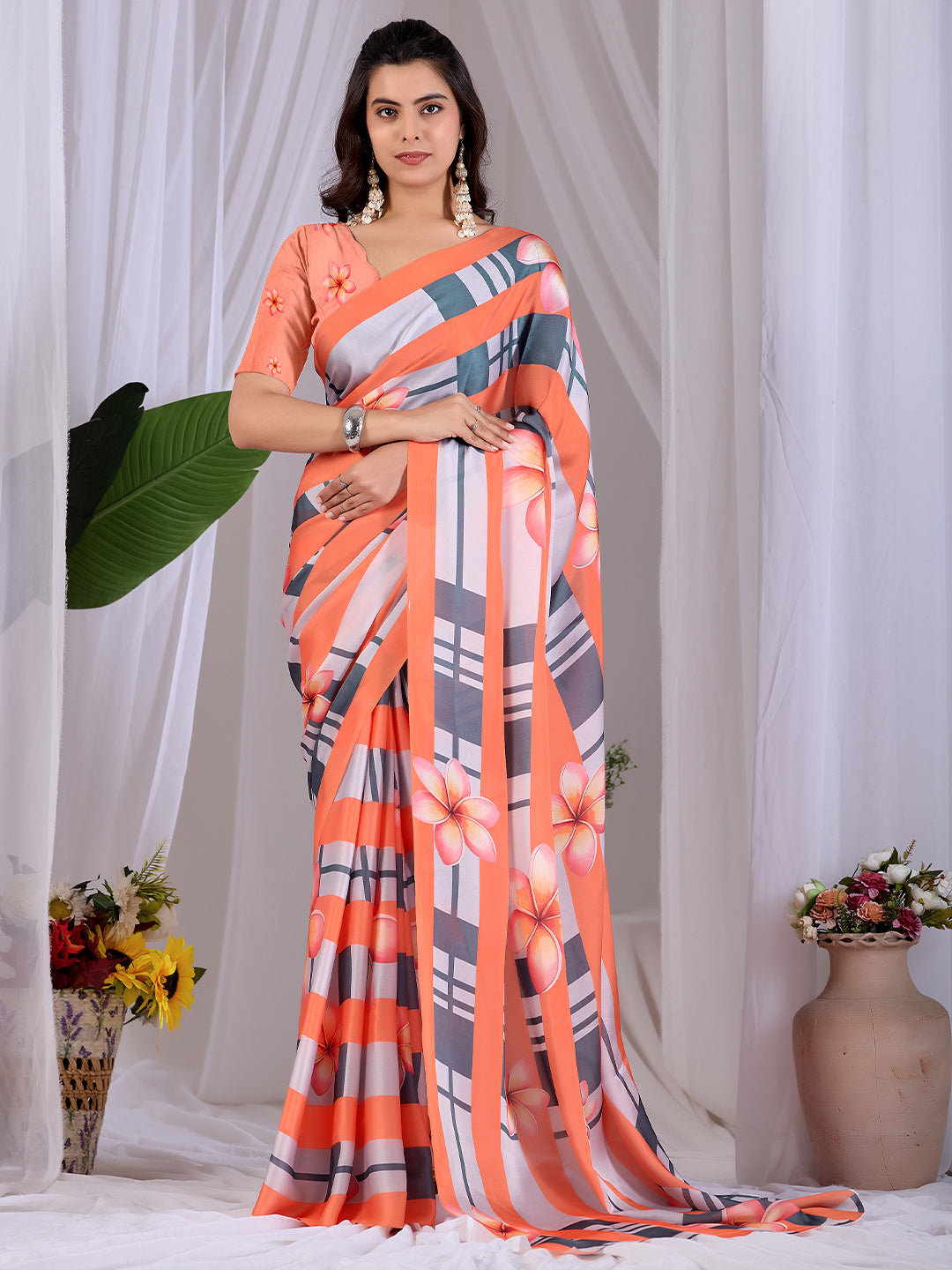 Women's Satin Georgette Saree With Unstitched Blouse Piece