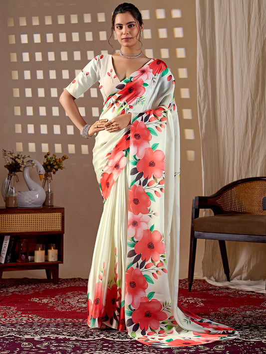 Women's Satin Georgette Saree With Unstitched Blouse Piece