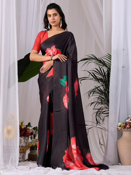 Women's Satin Georgette Saree With Unstitched Blouse Piece