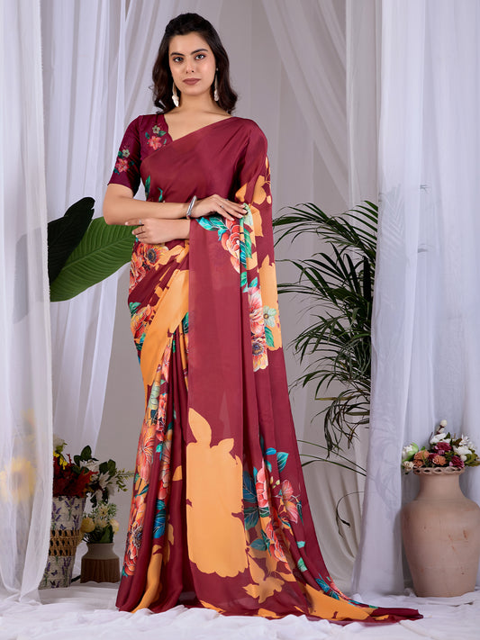 Women's Satin Georgette Saree With Unstitched Blouse Piece