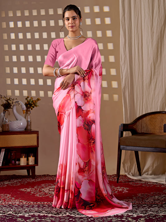 Women's Satin Georgette Saree With Unstitched Blouse Piece