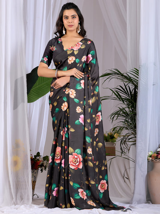 Women's Satin Georgette Saree With Unstitched Blouse Piece