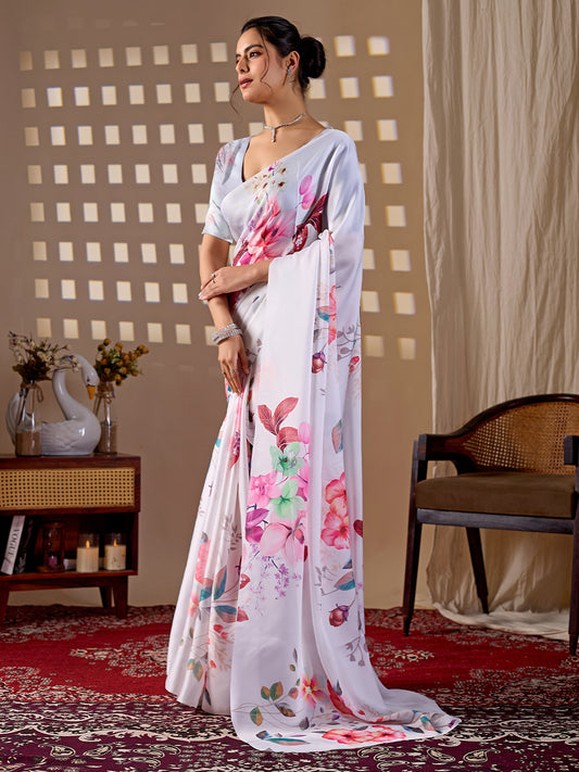 Women's Satin Georgette Saree With Unstitched Blouse Piece