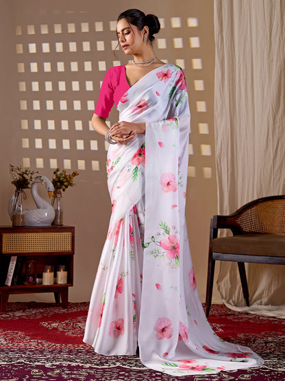 Women's Satin Georgette Saree With Unstitched Blouse Piece