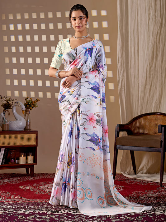 Women's Satin Georgette Saree With Unstitched Blouse Piece