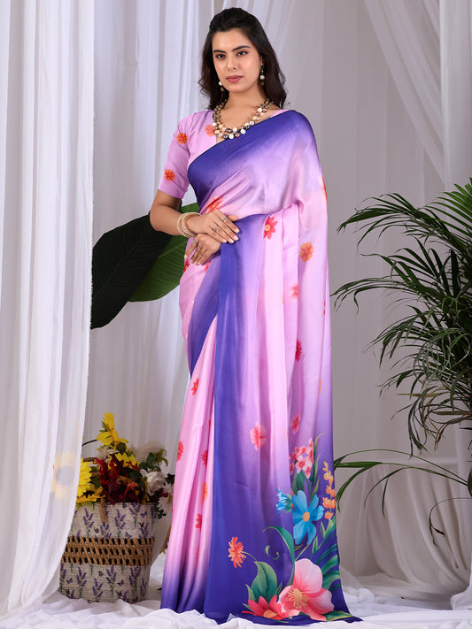 Women's Satin Georgette Saree With Unstitched Blouse Piece