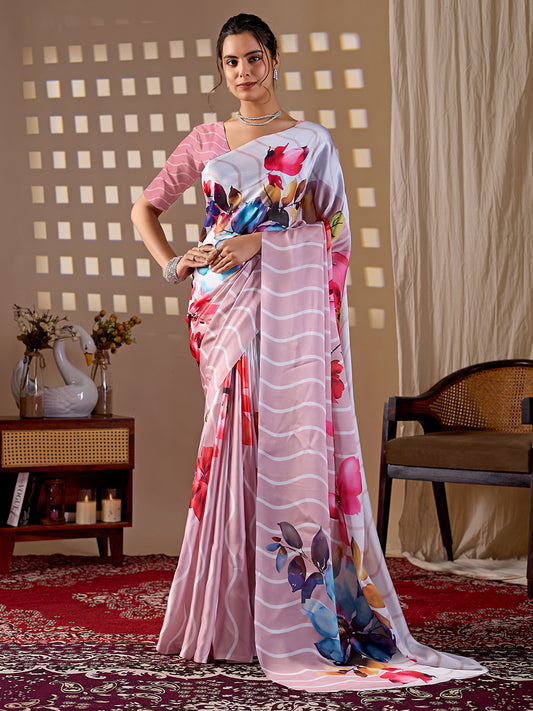 Women's Satin Georgette Saree With Unstitched Blouse Piece