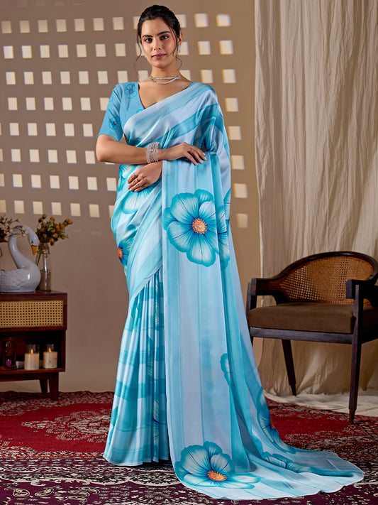 Women's Satin Georgette Saree With Unstitched Blouse Piece