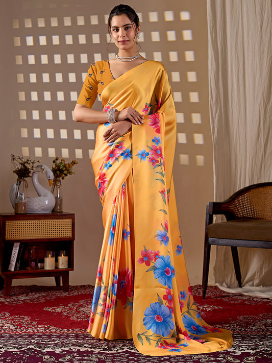 Women's Satin Georgette Saree With Unstitched Blouse Piece