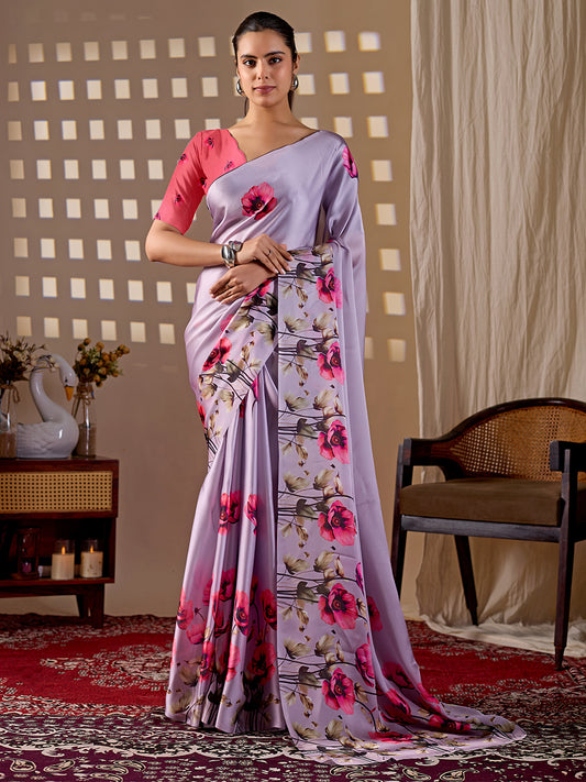 Women's Satin Georgette Saree With Unstitched Blouse Piece