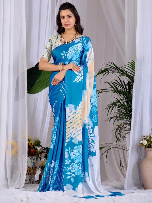 Women's Satin Georgette Saree With Unstitched Blouse Piece