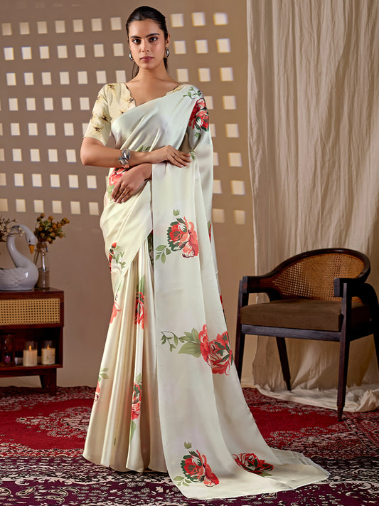 Women's Satin Georgette Saree With Unstitched Blouse Piece