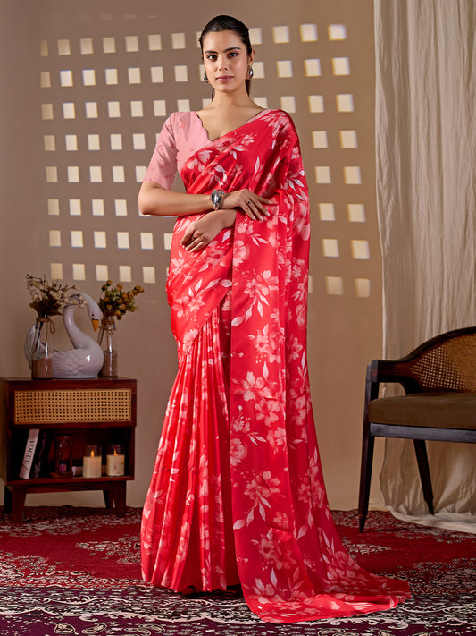 Women's Satin Georgette Saree With Unstitched Blouse Piece