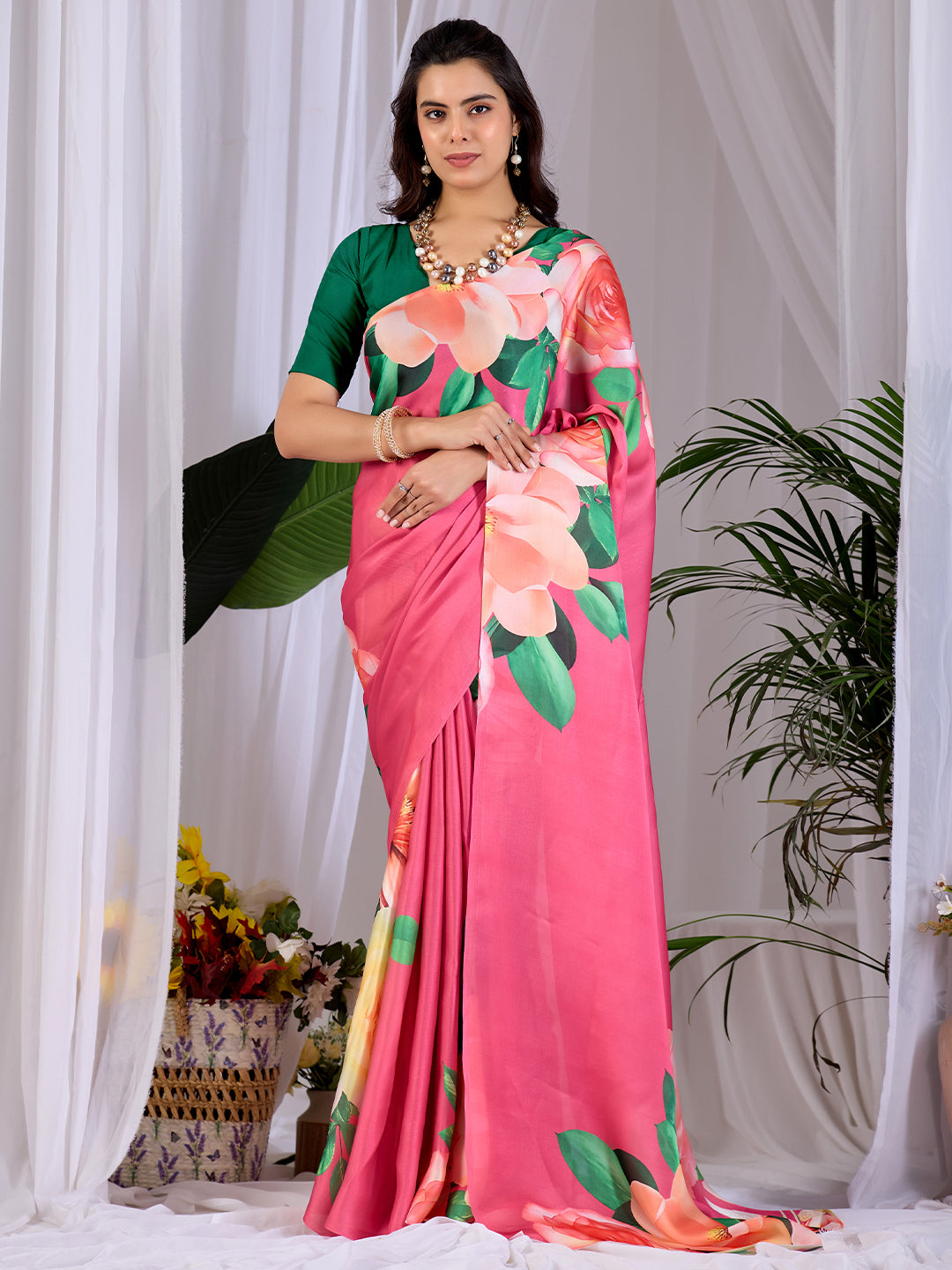 Women's Satin Georgette Saree With Unstitched Blouse Piece