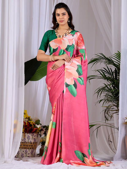 Women's Satin Georgette Saree With Unstitched Blouse Piece